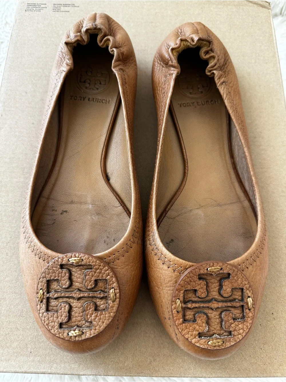 Tory Burch Minnie Travel Ballet Flats Tan Leather Logo Slip On Shoes Size 7